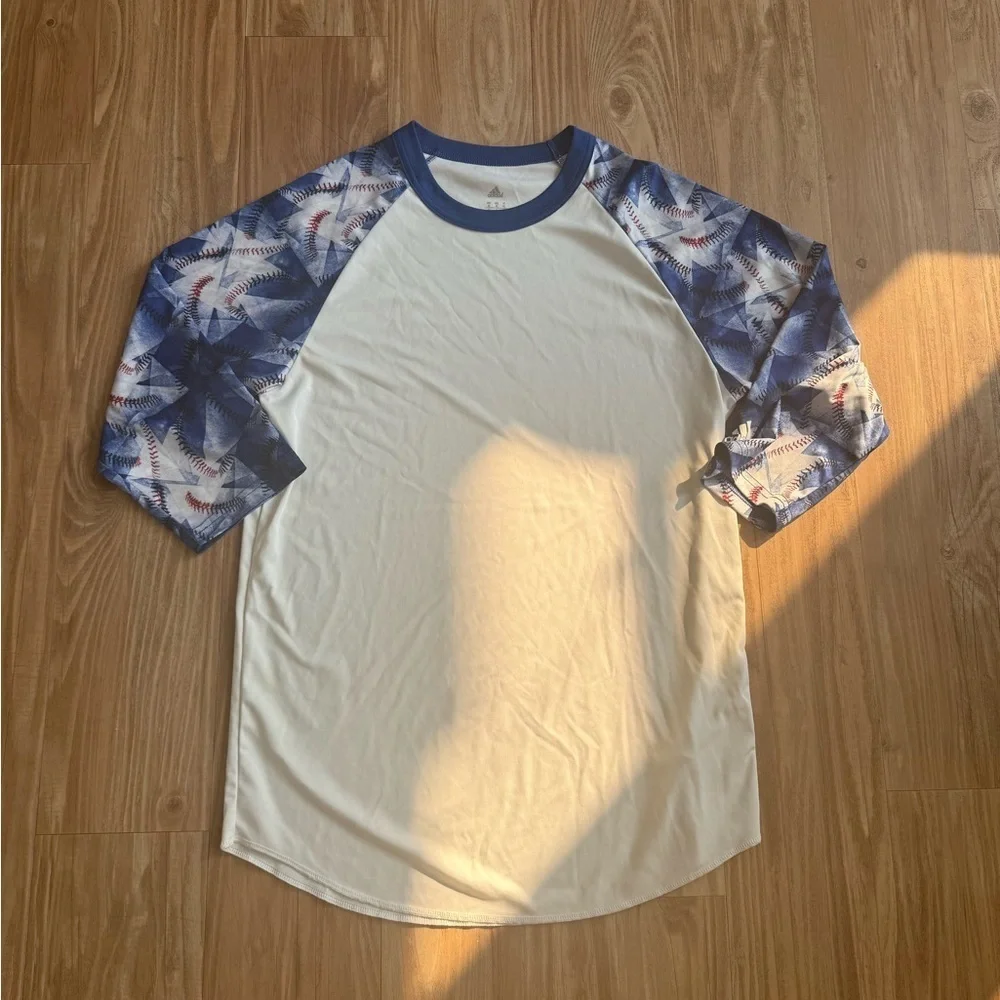 Adidas Blue and White Long Sleeve Baseball Tee